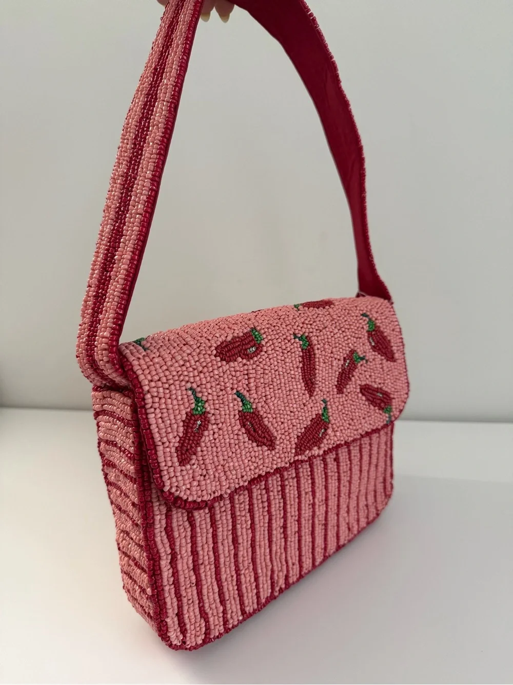 Beaded Pink Chili Pepper Shoulder Bag
